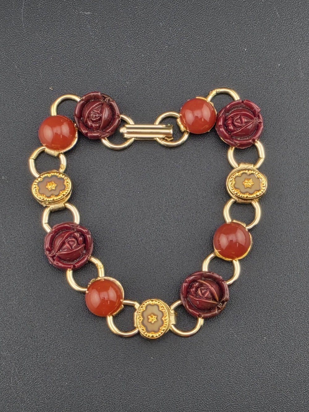 Estate Vintage 7" Red Glass Rose Cabochon Bracelet Gold Tone